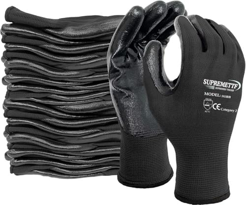 Supreme TTF PREMIUM NITRILE COATED Red Nylon Work Gloves Builders Gardening Grip (BLACK BLACK, XL- 10)