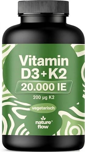 Vitamin D3 K2 hochdosiert – 365 Tabletten – 20000 IE | 99,7+% All-Trans K2-MK7 – produziert in Deutschland, laborgeprüft