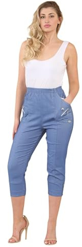 Women Cherry Berry Capri 3/4 Trousers, Ladies Elasticated Cotton Stretch Cropped Bottom Pants (Denim, 16)