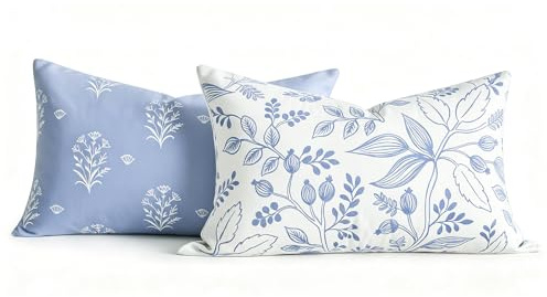 Kissenbezug 30x50 Zierkissenbezüge Blumenkissen Blau Bauernhaus Dekorativer Kissenbezug Couchkissen Kissenbezug mit 2 verschiedenen Pflanzen Mustern Saisonnal Zierkissenbezug Couch Wohnzimmer Deko