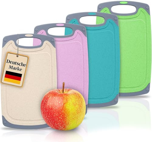 KPYTO 4 kleine Frühstücksbrettchen aus Kunststoff 24x14 cm Schneidebrett Set,spülmaschinenfest, beidseitig, rutschfest mit Saftrille, kleine Brettchen, Brotzeitbrett, Küchenbrett