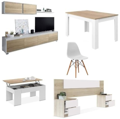 Mobelcenter, Piso Completo Mediterráneo, Incluye Mueble y Mesa de Salón, Mesa de Centro, Cabezal y 2 Mesitas y 4 Sillas, Acabado Roble Canadian y Blanco Artik (P0057)