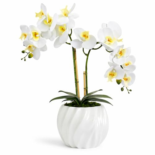 BelaLusa® Künstliche Orchideen wie echt 50 cm – Handgefertigte Phalaenopsis im Keramik-Topf, pflegefrei & ohne Gießen – Elegante Kunstblumen Deko für Wohnzimmer, Büro, Fensterbank & Bad (Weiß)