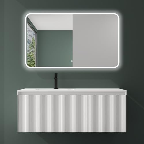 Mai & Mai Waschtisch mit Unterschrank Waschbeckenunterschrank 120cm | Badmöbel-set in Weiß matt, mit Softclose Schubladen, inkl. Mineralguss Waschbecken und LED-Spiegel, Santa