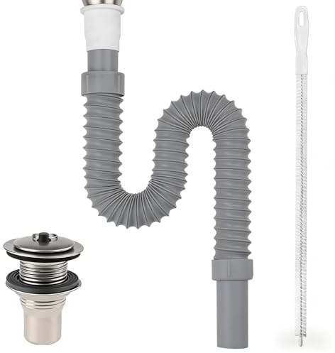 msymsyu Tubo de desagüe de 75 mm para lavabo, gris, flexible, sifón flexible, con modelo de 32 piezas de desagüe y cepillo de limpieza de 45 cm, sifón flexible de alta calidad para baño, cocina