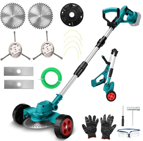 Batteridriven grästrimmer gräsklippare friklippare för Makita 18 V (utan batterier), 4 i 1 ogräsborste skärblad, grästrimmer tråd batteri gräsklippare teleskophandtag med gräsklippare hjul