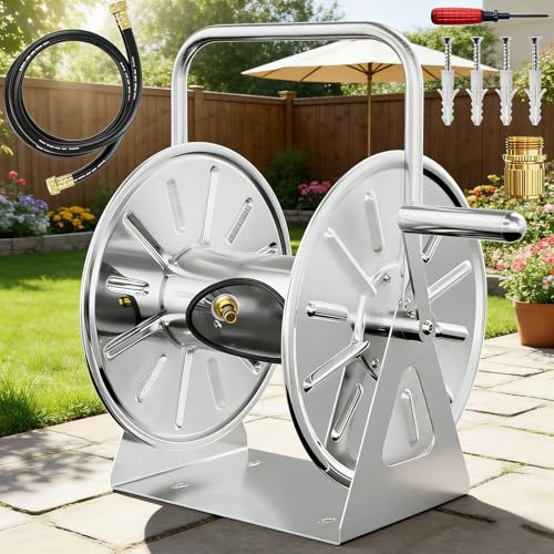Stainless Steel Garden Hose Reel, Portable Wall Mount with 6ft Leader Pipe for Outdoor Patio Organization
