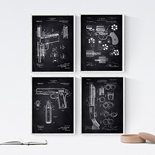 Nacnic Svart vapen patent affisch set om 4. Vintage stil väggdekoration avbildning gevär och pistoler. Olika geometriska gamla uppfinningar bilder utan ram. Storlek A4.