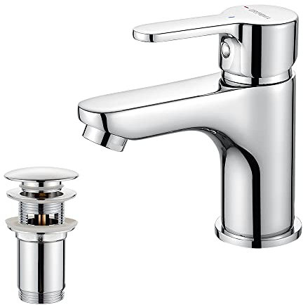 GRIFEMA Waschtischarmatur mit Zugstangen-Ablauf – Wasserhahn für Waschbecken, 74 mm Auslaufhöhe, Mischbatterie mit Wassersparfunktion, Messingfinish, Modell G11003-8