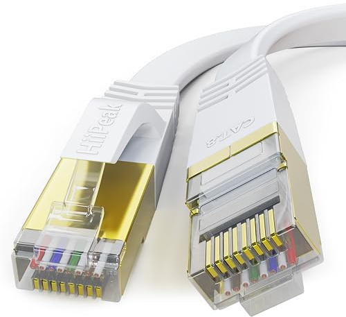 HiiPeak Cable Ethernet Cat 8 3 metros – Ultra-Rápido 40 Gbps | 2000 MHz – RJ45 Chapado en Oro, Cable de red Plano Blanco – Para PS5/4, Xbox, TV, Router, PC, Servidor