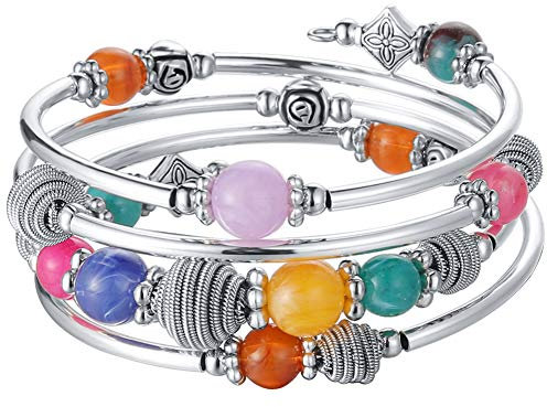 Bulinlin Silber Wickelarmband mit Naturstein Perlen Boho Mehrschichtiges Damen Armbänder Geburtstags Modegeschenk für Frauen(Colorful)