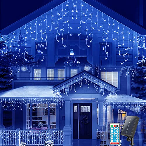 SUAVER Solar Lichterkette 300LED Lichtervorhang Außen 32.8ft Eisregen Lichterketten mit Fernbedienung 8 Modi Wasserfest 60 Stränge Hängen Dekorations Patio Licht Weihnachten beleuchtung (Blau)