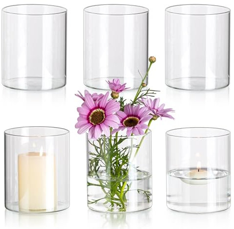 Glasseam Small Clear Cylinder Glass Vase Set of 6 for Flowers, 10 x 8.5 cm Bud Vases, Modern Decorative Hurricane Candle Holder for Wedding Table Centerpiece