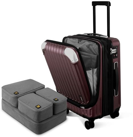 LEVEL8 Koffer Trolley Handgepäck mit 4er Organizer-Set, Handgepäck Koffer mit Laptopfach, Leicht ABS+ PC Rollkoffer Reisekoffer Erweiterbar, TSA, 4 Rollen, 55 cm, 36-42 Liter, Rot