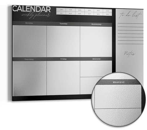 DEQORI Metall Magnettafel | 60x40 cm cm groß | Motiv Wochenplaner Schwarz (EN) | Whiteboard für alle Magnete | Magnetboard Wand-Tafel für Küche & Büro | Design Magnetwand Pinnwand magnetisch