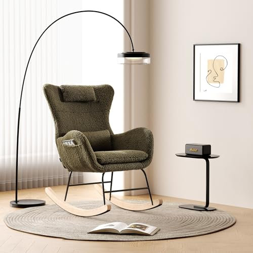 okwish Schaukelstuhl, Gepolsterter Schwingsessel mit hoher Rückenlehne, Kopfstütze und Lendenkissen, Schaukelsessel fürs Wohnzimmer/Schlafzimmer/Balkon, Lammfellstoff Grün
