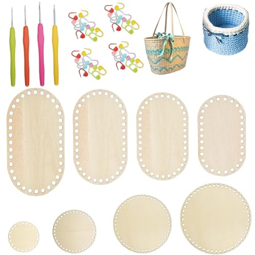 SEPWGUMD Holzboden zum Häkeln – 8 Holz-Bodenplatten & 4 Häkelnadeln – DIY Bastelset für Körbe, Taschen & Dekoration – Kreativ-Set zum Häkeln – Für Männer & Frauen