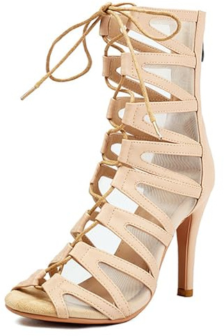 Ceciloroda Femmes Élégant Mesh Jazz Danse Heels Dentellets Gladiateur Sandales Bout Ouvert Talons Aiguilles Back Zipper L'été Chaussons Confort Bottes Courtes Apricot Size 34