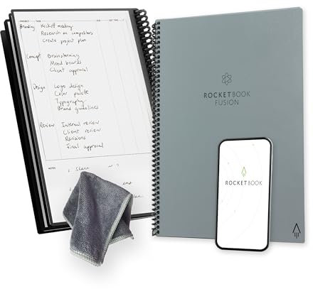 Rocketbook Fusion wiederverwendbarer undatierter Produktivitätsplaner, Briefgröße 21 cm x 29,7 cm, Grau – Ziele, Monats- und Wochenkalender, tägliche To-Do-Liste, linierte und gepunktete Notizseiten