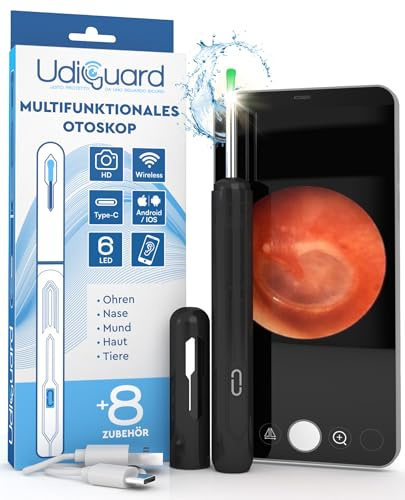 Ohrenschmalz Entferner Otoskop mit Kamera 1920p 3,6mm WiFi Ohrenreiniger - UdiGuard Ohrenspiegel Ohr Kompatibel mit iPhone iPad Android Schwarze - mit 6 LED-Leuchten Tiere Erwachsene Kinder