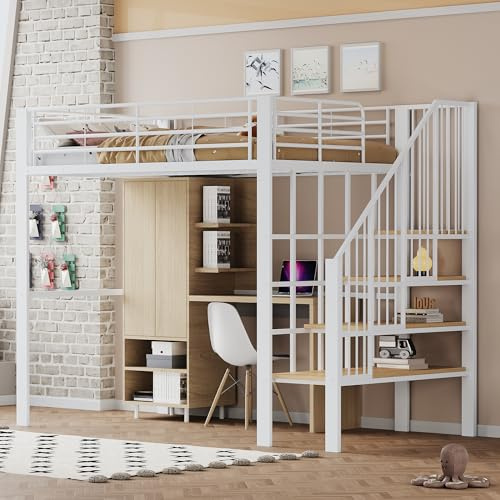 REXO Hochbett,140x200cm Stabile Metallkonstruktion mit geräumigem Stauraum unter dem Bett und Treppe Ideal für Kinder und Erwachsene Stauraumbett für maximale Platzeffizienz
