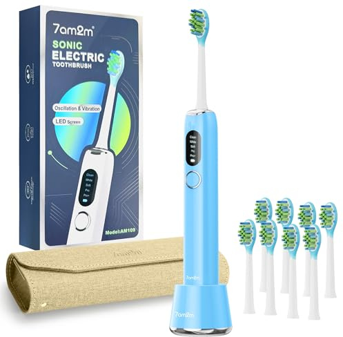 7AM2M Ultrasonic Electric Toothbrush for Adults&Teens with LED Screen, 5 Modes, One Charge for 365 Days, 2 Minute Timer, with 8 Brush Heads and Travel Case (Light Blue)