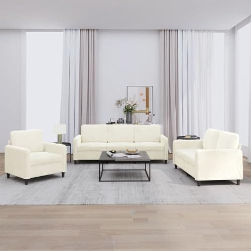 QJBSAVVA 3-TLG. Sofagarnitur Creme Samt mit Sessel Zweisitzer Dreisitzer Couch für Wohnzimmer Schlafsofa klein Modernes Design Robustes Gestell 78/138/198 x 77 x 80 cm