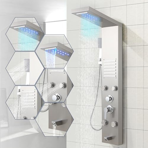 Vkechh Duschpanel med armatur, 5 funktioner duschpanel i rostfritt stål med LED-regn och vattenfall dusch, handdusch, massagemunstycken och badinlopp duschpelare
