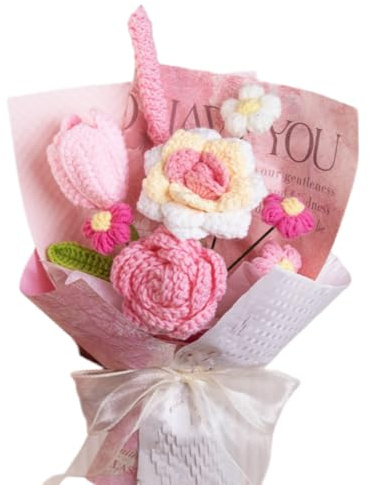 CCUUHJ Handmade Crochet Flower Bouquet, Mixed Floral Arrangement with Tulips, Lily, Daisy, Eucalyptus,Decorative Gift for Teachers,Women,Valentine's Day (Multicolor)