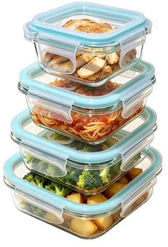 EASY SPEED Contenitori Ermetici per Alimenti in Vetro con Coperchi (Set da 4),A Tenuta D'aria, A Prova di Perdite, Senza BPA,Adatti a Microonde, Forno, Frigorifero and Elavastoviglie