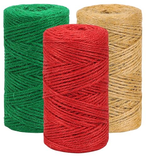 Vivifying Christmas Twine, 328 Feet x 3 Rolls 2mm Red Green Brown Jute Twine for Gift Wrapping and DIY Crafts, Natural Colorful Garden String for Climbing Plants