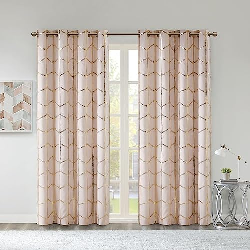 Intelligent Design Raina Total Blackout Metallic Print Grommet Top Single Curtain Panel Thermal Insulated Light Blocking Drape for Bedroom Living Room and Dorm, 50x63, Blush/Gold 1 Piece