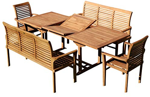 ALEOS. Teak Set: Gartengarnitur SABA Ausziehtisch 150-210 cm x 90 cm + 2 Alpen Sessel + 2 Bänke 150cm Serie JAV
