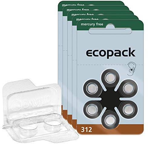 30 x ecopack hörapparatbatterier 312 (brun), 5 x 6 blister 1,4 V förvaringslåda för 2 hörapparatbatterier (10, 13, 312, 675), transparent batterilåda för två knappceller upp till 12 mm x 6 mm (Ø x H)