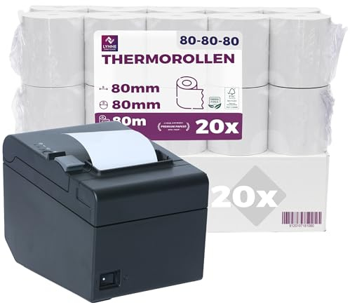 LYNNE PAYMENT SOLUTIONS Rotoli termici 80mm x 80m x 12mm per registratore di cassa fiscale - Rotolo di carta termica per stampante 80x80x12 BPA Free (20 Rotoli)