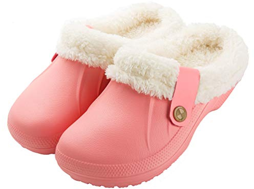 CELANDA Zuecos de Mujer Hombre Mules Invierno Caliente Forro Pantuflas Impermeable Zapatos de jardín Antideslizantes Zapatillas de Estar en Casa, Rosa Tamaño:37-38 EU