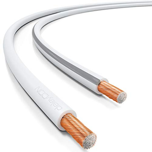 deleyCON 10m Cable de Altavoz 2x 1,5mm² Aluminio Recubierto de Cobre CCA Marca de Polaridad 2x48x0,20mm Trenza BauPVO/CPR - Blanco