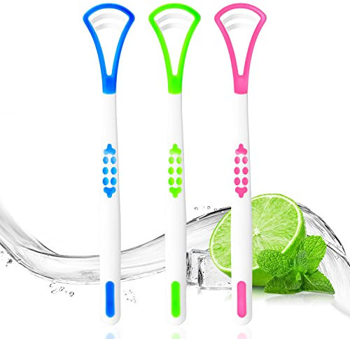Annhua Tongue Scraper for Adults 3 Pack, Silicone Tongue Cleaner with Double Sided, Portable Tongue Brush for Fresh Breath and Reducing Tongue Coating Deposits - Blue, Green, Red