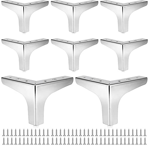 SEUNMUK 8 PCS Metal Sofa Legs, 4 Inch / 10 cm Modern Triangle Furniture Legs with Chrome Polished Finish, Silver Cabinet Feet Replacement for Wardrobe Cupboard Sofa Couch Chair