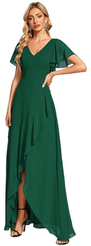 Ever-Pretty Vestido de Fiesta Escote en V Manga Volantes A-línea sin Respaldo Alto Bajo Largo sin Elasticidad para Mujer Elegantes 01749