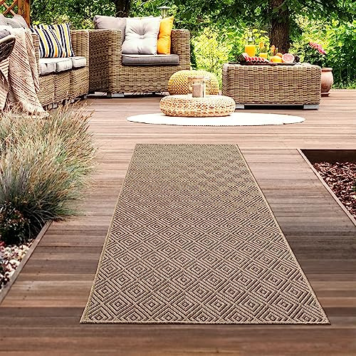 CARPETIA In- & Outdoor Teppich Rautenmuster Beige Schwarz 80x250 cm | Pflegeleicht, UV-beständig, robust und langlebig, OEKO-TEX geprüft, für Fußbodenheizung, Balkon, Terrasse & Küche