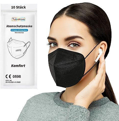 TubeRoo FFP2 Maske Schwarz 10 Stück Masken, Versand aus Deutschland, weiche runde Ohrschlaufen Bänder, Atemschutzmaske, Mundschutz, Staubmaske, Feinstaub, Feinstaubmaske, Staubschutzmaske