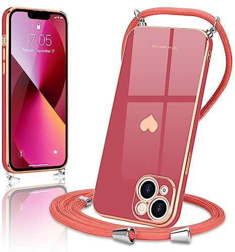 Wirvyuer Handyband Kompatibel mit iPhone 13 Handyhülle Necklace Hülle mit Band zum Umhängen Kameraschutz Liebesherz Schutzhülle mit Halsband Galvanik Silikon Umhängetasche für iPhone 13 Rot