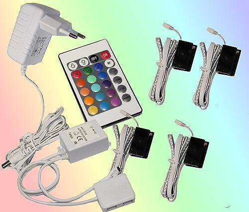 Trango 5022-04 - Set di 4 luci LED RGB per bordi in vetro, con telecomando, illuminazione per pavimenti in vetro, illuminazione a LED per mobili