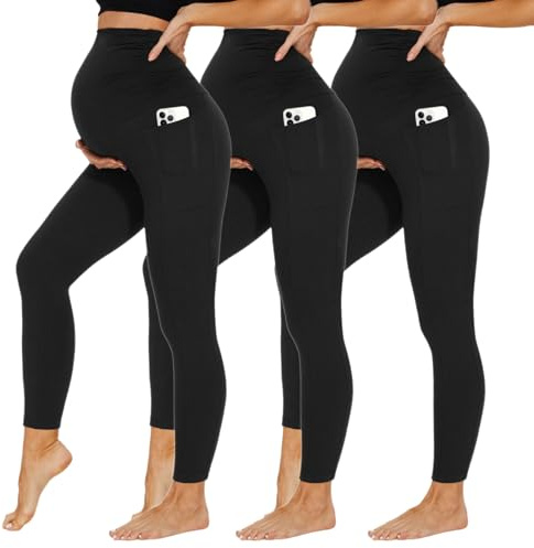 DDOBB Leggings de grossesse pour femmes avec poches Taille haute Pantalon de grossesse en tissu opaque Leggings de maternité souples et élastiques Vêtements de grossesse pour la maison Yoga Sport
