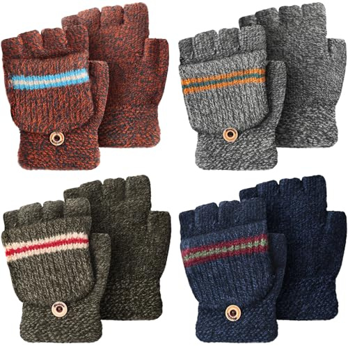 Yahenda 4 Pairs Kids Mittens Fingerless Gloves Winter Knitted Convertible Mittens for Toddler Boy Girl Aged 5-10(Multicolor)