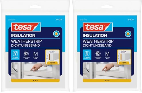 tesamoll Universal Schaumstoff - Schaumstoffdichtung zum Isolieren von Spalten im Haushalt, selbstklebend - Weiß - 10 m x 15 mm x 5,5 mm (Packung mit 2)