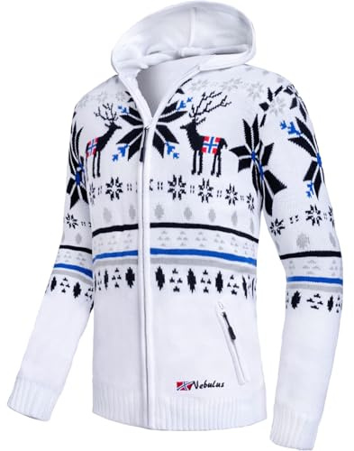 Nebulus Chaqueta Normax para hombre, con capucha, elegante jersey de estilo noruego, Blanco, L