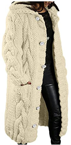 Zeiayuas Cardigan Femme en Grosse Maille Manteau en Polaire tricoté avec Chapeau Long Manteau en Tricot à Boutons Pull en Tricot à Manches Longues Chaud Open Front Uni Veste 2023