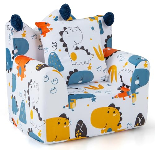 COSTWAY Kids Sofa Chair, Children Upholstered Armchair with Pillow, Washable Velvet Cover, Toddler Reading Relax Couch for Playroom Nursery (Orange Dinosaur)